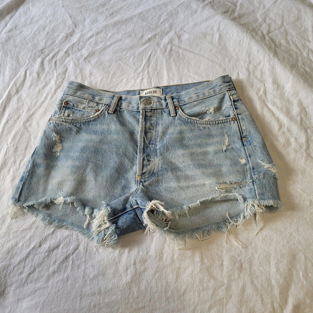 Agolde Parker Distressed Light Blue Button Fly Denim Jean Shorts 27 High Waist